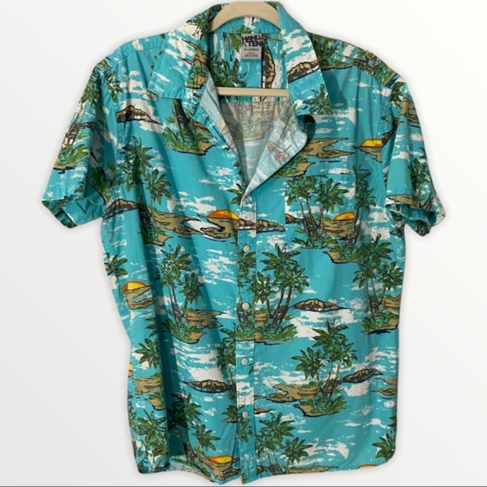 Men’s Hawaiian Shirt Size S Aqua with Palm Trees Buttons